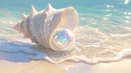 Sticker - Large seashell revealing a glowing pearl on a sunny beach