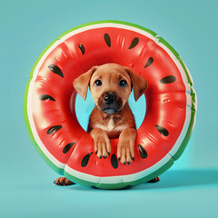 Wall Mural - Cute dog with watermelon inflatable ring. Summer background.