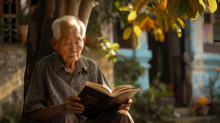 An elderly man with white hair and glasses is sitting under a tree, reading a book. The background shows a house with plants and a blue wall. The scene is bathed in warm sunlight