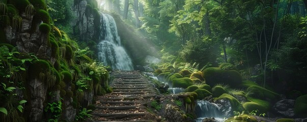 Mysterious forest path with a hidden waterfall cascading down a moss-covered rock face, 4K hyperrealistic photo