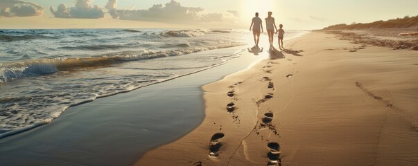 Wall Mural - Family walking along a sandy beach, footprints in the sand, 4K hyperrealistic photo.