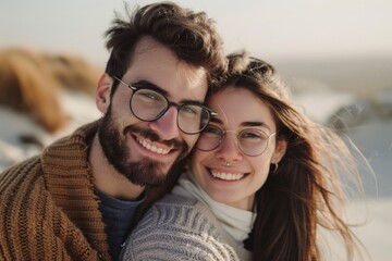 Canvas Print - Portrait of a cheerful couple in their 30s wearing a chic cardigan in serene dune landscape background