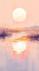 Sticker - Big white sun reflecting in the water of a lake at sunset with reeds in the foreground