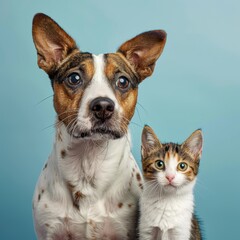 Portrait of Happy beagle dog and Jack Russell and Calico  tabby cat looking into studio camera together isolated on blue background, veterinarian doctor office showing pets as friends.
