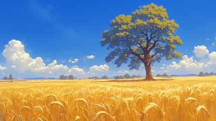 Large oak tree standing in a field of golden wheat under a blue sky