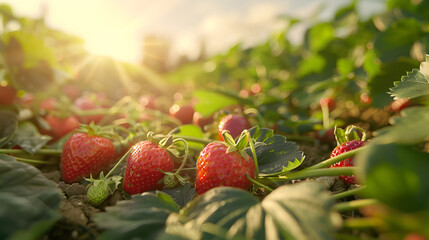 Wall Mural - Ripe strawberries in the garden