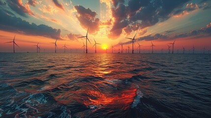 Detailed shot of a wind farm with multiple turbines operating during sunset