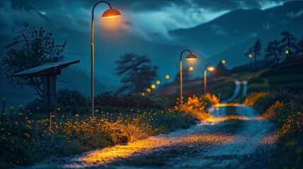 Detailed shot of a solar-powered streetlight illuminating a pathway