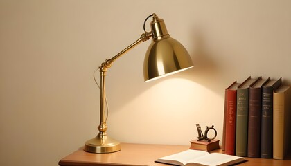 Modern home with empty desk, lamp, light and window. lofty, soft lighting.	brass lamp 
