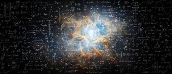 Wall Mural - mathematical and physical formulas against the background of a galaxy in universe. space background 