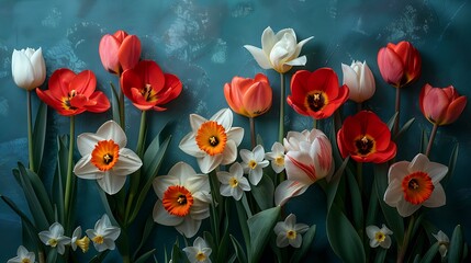 Poster - **Tulips and daffodils in bloom on a solid background
