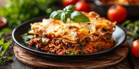 Wall Mural - Delicious homemade lasagna with layers of rich meat sauce, melted cheese, and fresh basil, served on a black plate, creating a mouthwatering Italian dish.