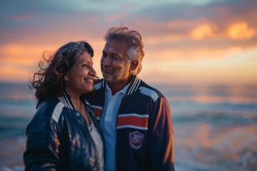 Wall Mural - Portrait of a glad indian couple in their 50s sporting a stylish varsity jacket isolated in vibrant beach sunset background