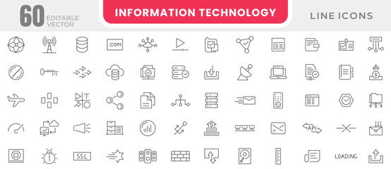 Information technology web icon set. Web Hosting Line Icons pack. Data analytics, database, big data process, ai, monitoring, traffic, hosting service, optimization and backup icon set collection.