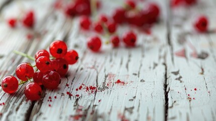Wall Mural - Red currant berry macro shot on white wooden planks
