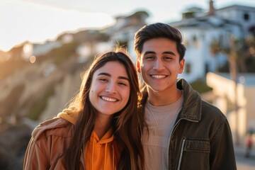 Wall Mural - Portrait of a grinning latino couple in their 20s wearing a trendy bomber jacket on beautiful coastal village background