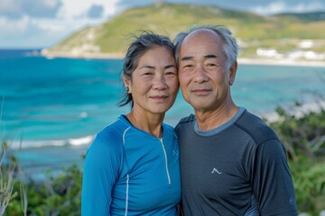Wall Mural - Portrait of a tender asian couple in their 60s wearing a moisture-wicking running shirt while standing against beautiful coastal village background