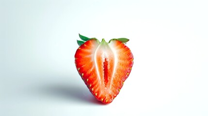 Wall Mural - Vibrant close-up of a halved strawberry against a white background. This image is perfect for food blogs, health websites, or any magazine. Its minimalist style highlights the fresh 