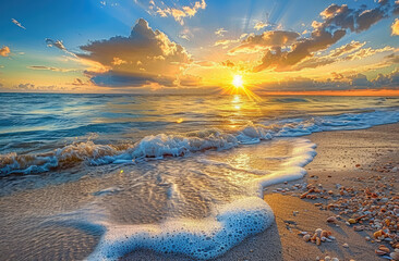 A beautiful sunset over the ocean, with golden sunlight reflecting on the sand and waves crashing onto it