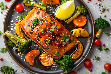 Close up overhead view of a plate showing salmon coated in honey soy glaze with fresh vegetables