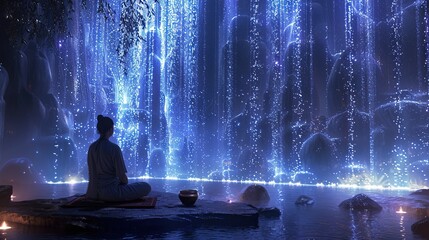 A serene meditation scene with an individual repeating the mantra KHASAM