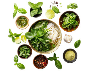 PNG of Pho, Delux setup for advertising compost, Vietnamese noodle soup with fresh herbs and lime, isorated on white background for make PNG picture