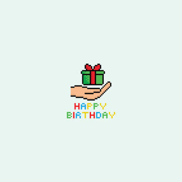 pixel happy birthday icon 8 bit, pixel art birthday icon card logo.