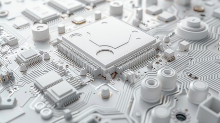 Illustration of a high-tech circuit board of the future in white colors, quantum computer, 3D printer, future technology, futuristic, great for scientific articles, white high-tech background
