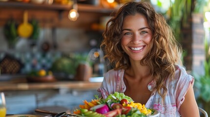 Smiling happy woman eats a salad in her plate while eating breakfast 