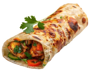 PNG of Kathi Roll, Delux setup for advertising compost, Indian streetfood dish of a skewerroasted kebab wrapped in a paratha bread, isorated on white background for make PNG picture