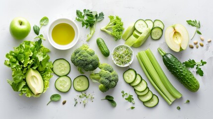 Wall Mural - Top view of fresh green vegetables and ingredients on white background. Image features avocados, broccoli, cucumbers, and salad greens. Perfect for healthy eating, and vegan recipes. AI