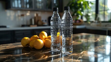 Two bottles of water are sitting on a counter next to a bowl of lemons.