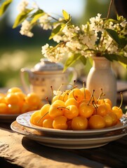 Wall Mural - picking yellow cherries in the orchard. close-up of a bowl of berries on a table against a blurred garden background.