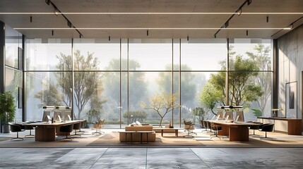 Wall Mural - Minimalist and elegant depiction of modern office interior with large windows and diffused natural light creating tranquil ambiance