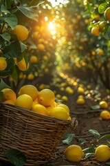 Wall Mural - basket of selected lemons stands on the ground in a citrus orchard.
