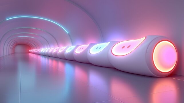 A purple tunnel with lights and pillows lined up along the wall. The pillows are white and have buttons on them. The tunnel has a futuristic and modern appearance.