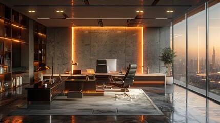 Wall Mural - Contemporary business office design with metal accents, ambient light, paper elements, glass walls, and modern technology interior - corporate workspace concept 