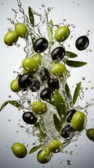 Wall Mural - olives flying on white background. levitation of olives in the air, frozen vertical frame.