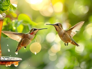 Canvas Print - Pair of Hummingbirds Hovering Near Feeder with Blurred Wings in Motion