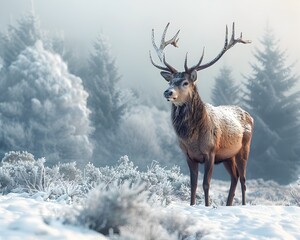 Sticker - Majestic Stag Standing Proud in Serene Snowy Forest Landscape