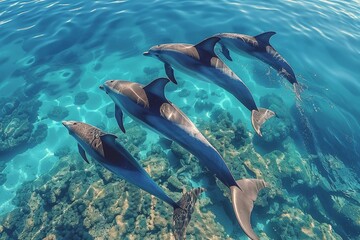 Wall Mural - Three Dolphins Swimming Over Coral Reef In Tropical Ocean