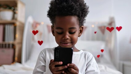 Child holds phone in hands with notification icons of like, message, comment and star floating above smartphone screen, social media and digital communication