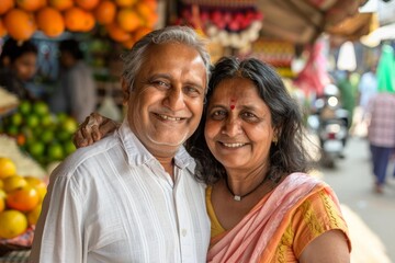 Wall Mural - Portrait of a blissful indian couple in their 40s wearing a classic white shirt isolated in vibrant market street background
