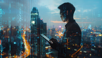 Business and technology, software development, IoT concept. Double exposure, man programmer, software developer working on digital tablet and smart city with binary, html computer code on screen 