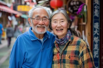 Wall Mural - Portrait of a glad asian couple in their 80s wearing a comfy flannel shirt on vibrant market street background