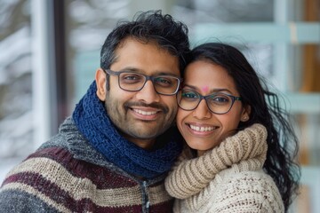 Wall Mural - Portrait of a happy indian couple in their 30s wearing a cozy sweater over sophisticated corporate office background
