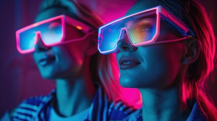 Two women wearing futuristic glasses in a neon light setting.