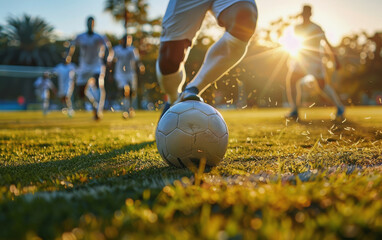 Canvas Print - Soccer Player Kicking Ball During Golden Hour Match