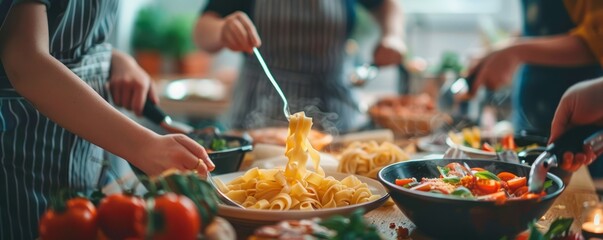 Friends hosting a pasta night for World Pasta Day, October 10th, making and enjoying various pasta dishes, 4K hyperrealistic photo.