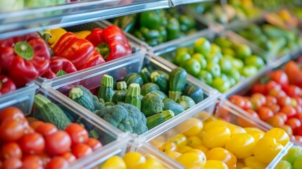 Wall Mural - Fresh vegetables close up in shop window with blurred background and copy space for text